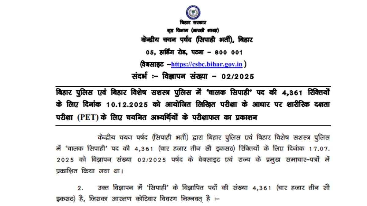CSBC Bihar Police Driver Result