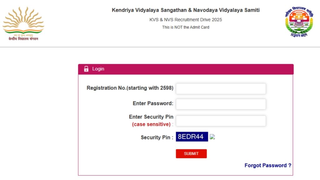 KVS NVS Exam City Slip