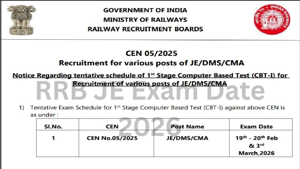 RRB JE Exam Date 2026